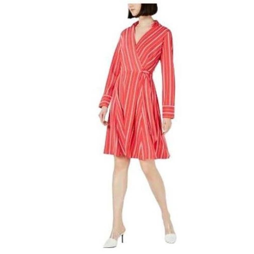 Calvin Klein Coral & White Stripes V-Neck Fit & Flare Wrap Shirt Dress - Size 8